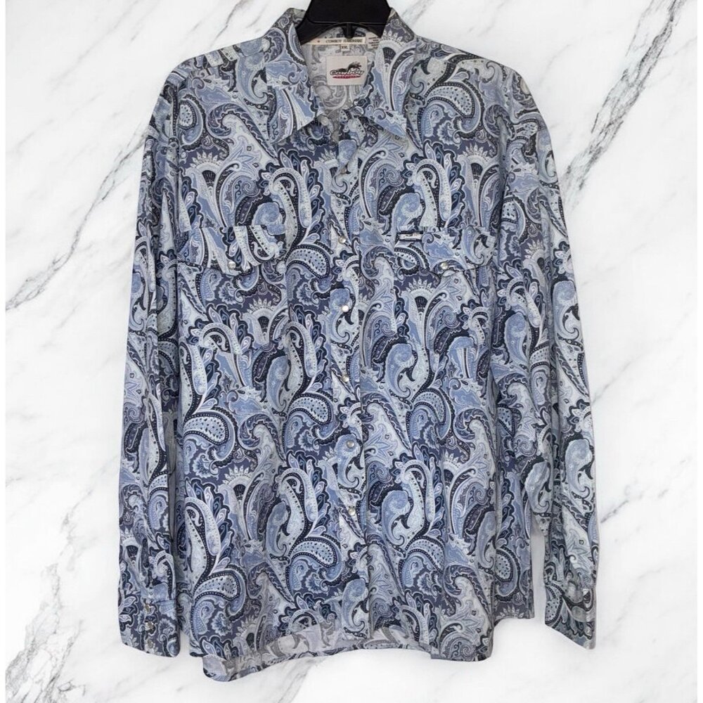 Cowboy Hardware Pearl Snap Western Shirt Mens XXL Blue Paisley Snap Close Pocket